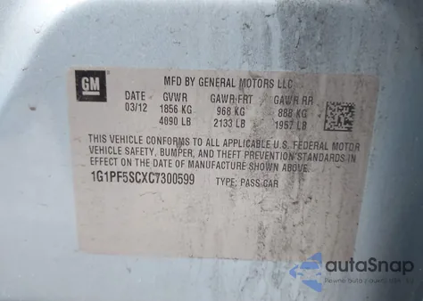 2012 Chevrolet Cruze 1Lt из США, поврежденный, VIN 1G1PF5SCXC7300599